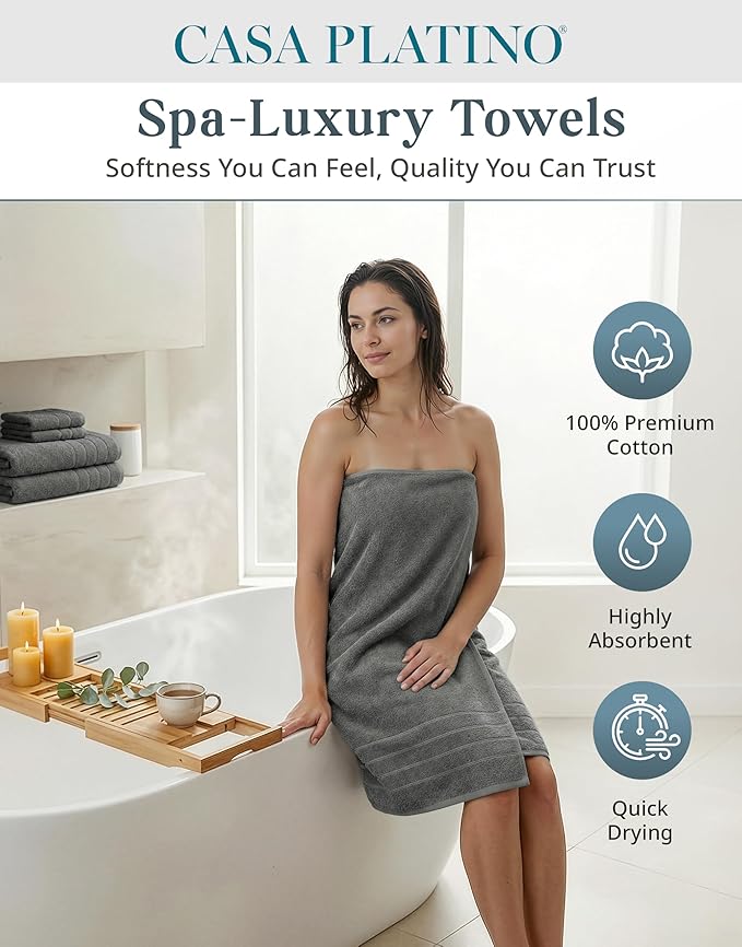 CASA PLATINO Premium Cotton Turkish Towel Set for Bathroom - 12 Pc - Super Soft, Quick Dry & Highly Absorbent - 4 Bath, 4 Wash Cloth, 4 Hand Towels - Hotel Quality, Durable & Easy Care - Ultimate Grey