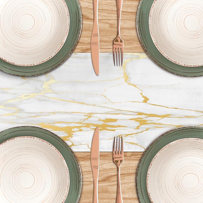 White Gold Table Runner Marble Linen Table Runners,Long Coffee Dresser Runners for Bedroom,Farmhouse Rustic Table Runner for Kitchen Dining Table Party (Marble, 13"x71")