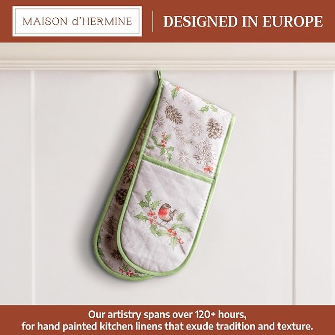 Maison d' Hermine Double Oven Mitt (7" x 35") 100% Cotton Heat Resistant BBQ Cooking Gloves with Loop for Thanksgiving Christmas Decorations Baking Cooking Barbeque Handling Hot Pan (Christmas Dew)