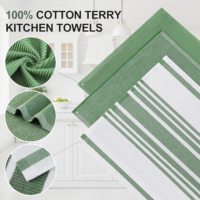 Homaxy Premium Kitchen Towels(18”x 28”, 3 Pack), Large Cotton 380 GSM Kitchen Hand Towels, Soft and Absorbent Terry Dish Towels, Multipurpose Tea Towel Set with Hanging Loop, Grass Green