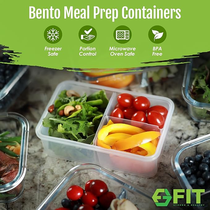 FIT Strong & Healthy Bento Lunch Box & Meal Prep Containers, Food & Snack Storage for Adults & Kids, Microwave, Freezer, & Dishwasher Safe, Reusable, Airtight Lid, Removable Compartments, 39oz, 4 Pack