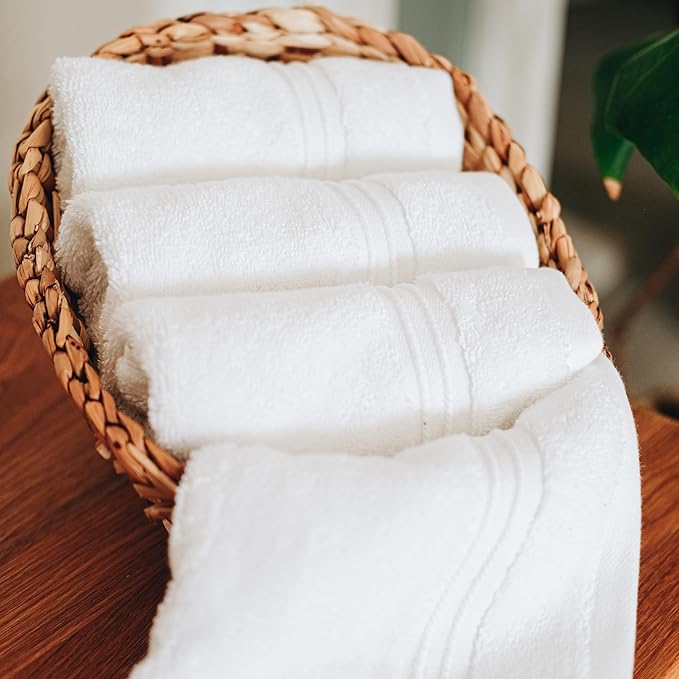 Milara Turkish Super-Plush Wash Cloths Set 4-Piece | Premium 100% Cotton Washcloths Absorbent, Durable with Hanging Loops | White Color Bath Washcloths, (13 x 13 Inch)