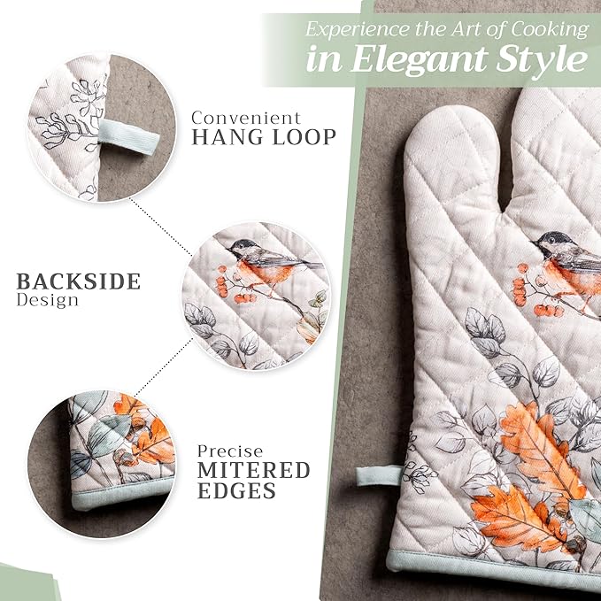 Maison d' Hermine Oven Gloves 100% Cotton Oven Mitt 7" x 13" with Loop Heat Resistant BBQ Cooking Gloves for Thanksgiving Christmas Decorations Handling Hot Pans (Pack of 1, Whitish Shabby Chique)