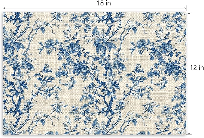 Set of 4 Blue Floral Placemats, 12 x 18 Inch Chinoiserie Rectangle Table Mats, Linen Fabric Placemat for Indoor & Outdoor Kitchen Dining Home Decor -04