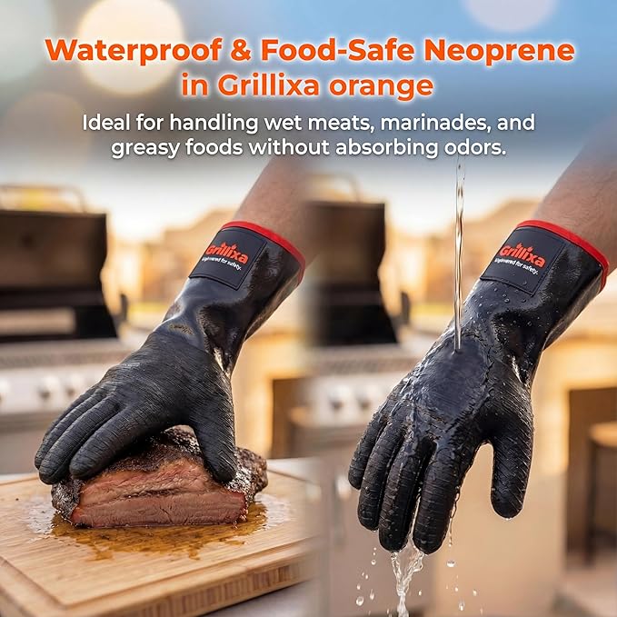 932°F Heat Resistant BBQ Gloves, 14-Inch Waterproof Neoprene Grill Gloves, Oil & Slip Resistant with Cotton Lining, for Oven, Smoker, Fire Pit, Rotisserie and BBQ Cooking