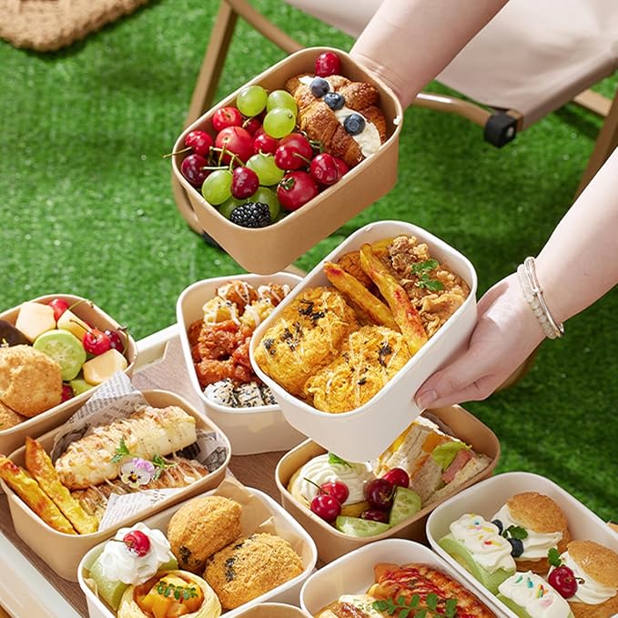 DI QIU REN 50-Pack 29oz Disposable Meal Prep Containers with Lids & Forks, Kraft Paper Bowls To Go Take Out Food Containers with Lids, Microwave & Freezer Safe (White Kraft Paper, 29oz 50 Count)