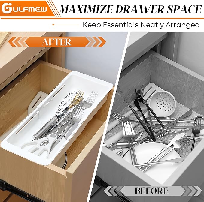 1 Pack Deep Drawer Organizer Bins, Sliding Drawer Organizer Bin Expandable and Adjustable Tray for Kitchen Utensils, Towels, BBQ Tools, Durable Plastic Sliding for Easy Storage (12.4-17.7")
