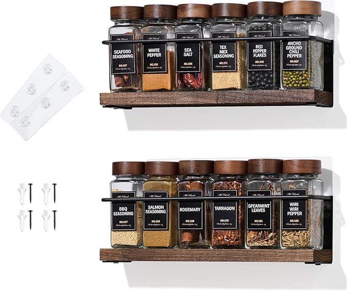 2-Tier Wall Mount Spice Rack Organizer - Screw/Adhesive Mount, Black Metal & Wood Spice Storage for Kitchen Pantry Cabinet, 11.6”L x 2.4”W x 3.2”H,Spice Jars Not Included