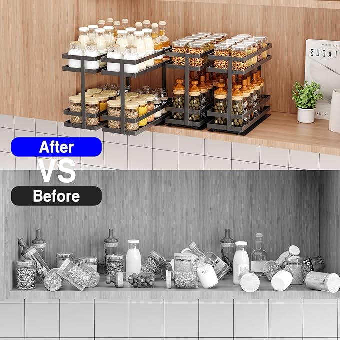 Mustorn 4 Pack Pull Out Spice Rack Organizer for Cabinet, 2 Tier Metal Slide Out Seasoning Organizer and Storage Heavy Duty Vertical Spice Rack Shelf Pullout for Kitchen Cabinets No Drilling (Black)
