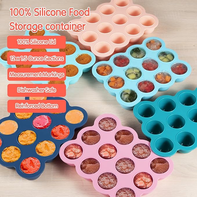 12x1.5oz Baby Food Storage Containers, Baby Food Freezer Tray with Clip Lid Gossamer Pink, Food Grade Silicone Freezer Trays for Purees & Vegetables