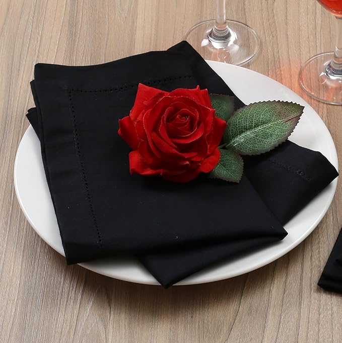 Hemstitched Cotton Napkins - Set of 12, 18x18 Inch - Black, Perfect for Christmas Dinner or Everyday Use