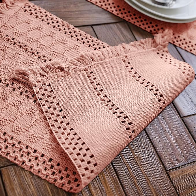 Alynsehom Macrame Table Runner Pure Pink Boho Table Runners with Tassels Hand Woven Cotton Table Runner Rustic Farmhouse Table Runners for Bohemian Kitchen Dining Table(12x48in)