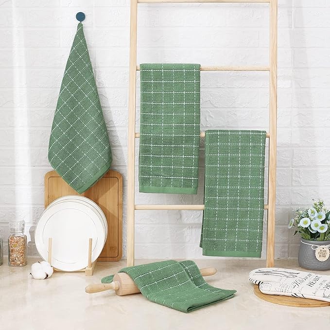 Homaxy 100% Cotton Terry Kitchen Towels(Grass Green, 13 x 28 inches), Checkered Designed, Soft and Super Absorbent Dish Towels, 2 Pack