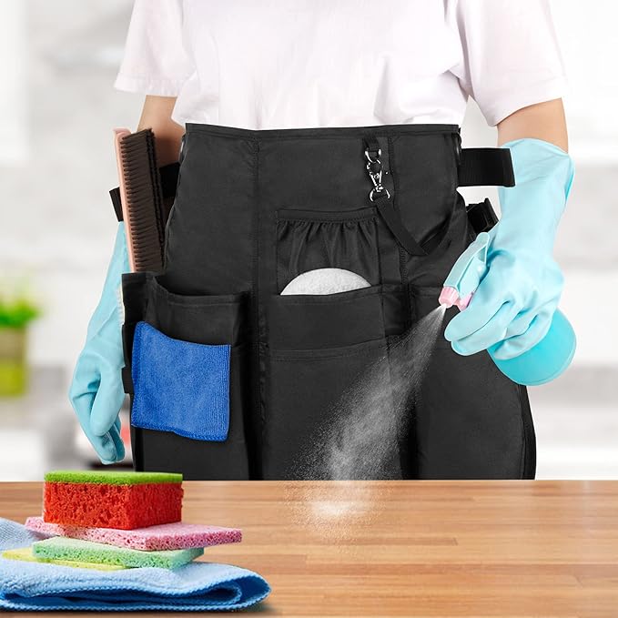 LoDrid Professional Cleaning Apron with 9 Pockets and Adjustable Waist Belt, Cleaning Caddy Aprons for Cleaning Work of House Hotel, Black