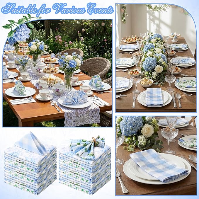 Blue Hydrangea Cloth Napkins 6 Patterns Washable Dinner Tea Party Napkins Reusable Plant Flowers Square Napkin Cotton Towel Decorative for Spring Wildflower Party(Blue Hydrangea,24 Pcs)