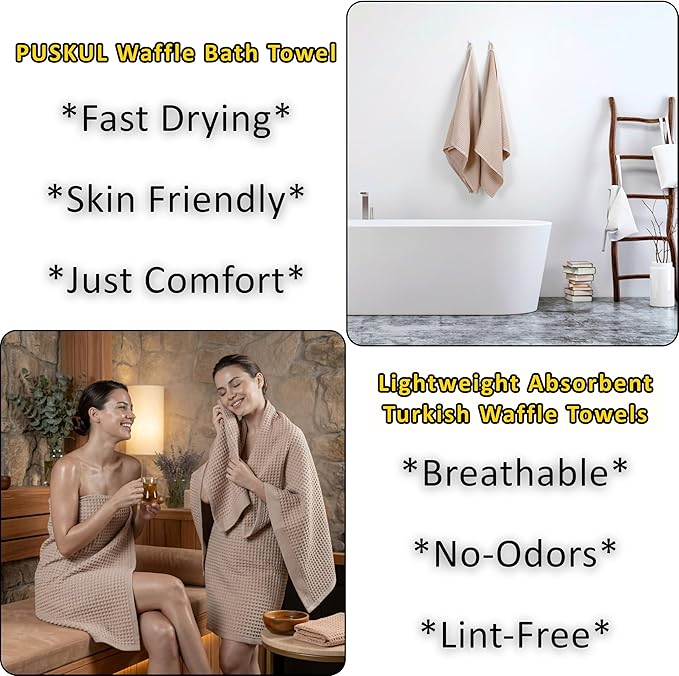 PÜSKÜL Natural 100% Turkish Cotton Waffle Bath Towels Set of 2-Piece | 32x63 inch Extra Large Absorbent Quick-Dry Lightweight Spa Towel | Luxury Sauna Accessories (Beige Bath Towels - Pack of 2)