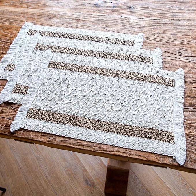 Niviy Boho Placemats Set of 4, 12x18 Inch Natural Cotton Burlap and Kitchen Woven Thanksgiving Placemats with Tassels for Dining Table Centerpiece Home Decorations