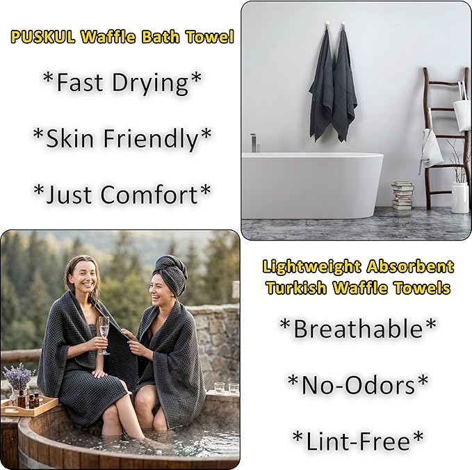PÜSKÜL Natural 100% Turkish Cotton Waffle Bath Towels Set of 2-Piece | 32x63 inch Extra Large Absorbent Quick-Dry Lightweight Spa Towel | Luxury Sauna Accessories (Dark Gray Bath Towels - Pack of 2)