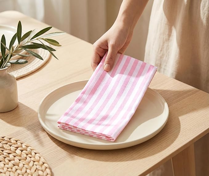 PurpleEssences Plain Striped Cloth Napkins - Set of 12-100% Cotton - 18 x 18 Inch - Spring Easter Summer and Perfect Everyday Use Dinner Napkin - Blush Pink and White