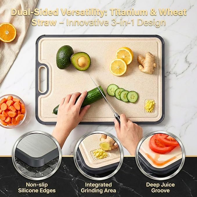 2-IN-1 Double-Sided Titanium Cutting Board –100% Titanium Side, Durable Wheat Straw Back,Easy to Clean,Non Toxic Maintains Freshness & Pure Surface 15.8 x 10.35 in, Premium Kitchen & Home Prep Board