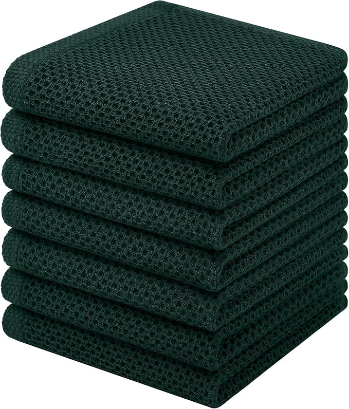 Homaxy 100% Cotton Waffle Weave Kitchen Dish Cloths, 7-Pack Ultra Soft Absorbent Dish Towels, Quick Drying Dish Rags, 12 x 12 Inches, Blackish Green