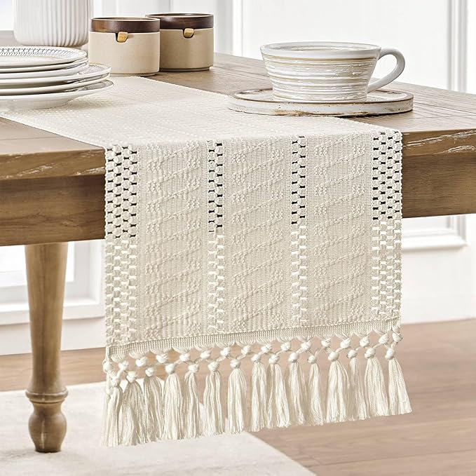 ZeeMart Macrame Style Boho Table Runner, Ivory Table Runners 108 Inches Long, Farmhouse Woven Home Decor, 12x108 Inch (12x116 Tassel Included), Ivory