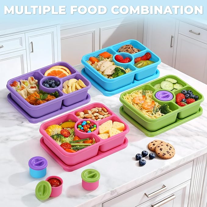 Bento Snack Box Containers, Reusable Meal Prep Lunch Containers for Adults Kids, Stackable Bento Snack Box 4 Pack, Divided Lunchable Food Storage Containers with Sauce Container, Rose Pink
