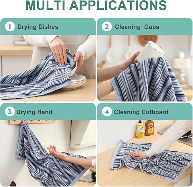 SALAS Kitchen Dish Towels for Drying Dishes, Large Cotton Kitchen Cloths Hand Towels, Stripped Terry Dish Cloths, Thick Highly Absorbent Towel Sets with Hanging Loop, 16" X 26"