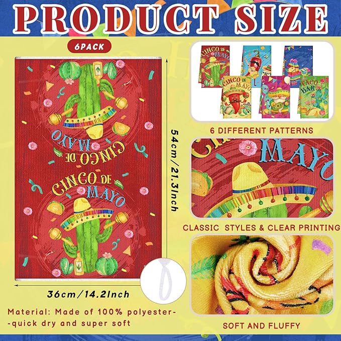 Breling Set of 6 Mexican Kitchen Towels Fiesta Taco Cactus Chili Dish Towel Cinco De Mayo Bathroom Decorative Rustic Cloths Tea Towels for Kitchen Bathroom Home Housewarming Gifts, 14 x 21 Inch