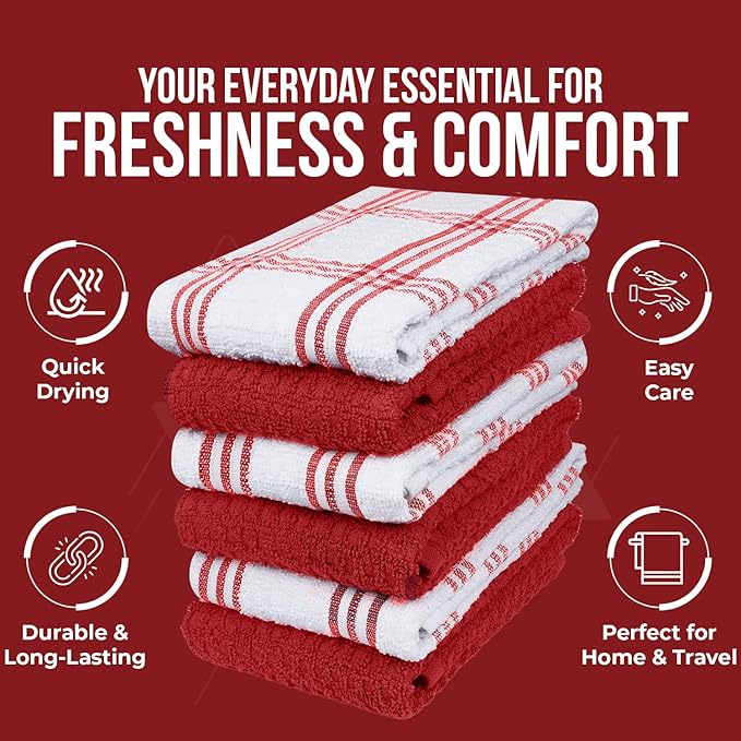 DAN RIVER Premium Kitchen Towels - [Pack of 12] 100% Cotton (16x 26 Inches) -Super Soft,Highly Absorbent, Quick Dry, Dish Towels for Kitchen Towels -Red