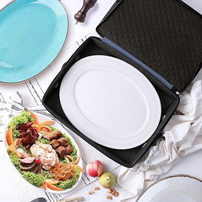 Platter Storage Case – Fine China Storage Containers Hard Shell, Quilted and Stackable 16”x 12.5”x 3.5” Platter Storage Container with Handles and Felt Dividers for Moving and Seasonal Storage, Blue