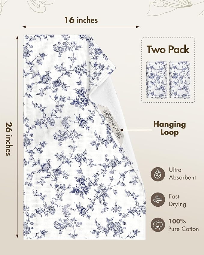 Miss Adola 2pcs Waffle Kitchen Towels - 16x26 Inch Cotton Waffle Weave Dish Cloths Set of 2 with Hanging Loop Absorbent Hand Tea Towels French Country Design for Housewarming Gift, Toile Print
