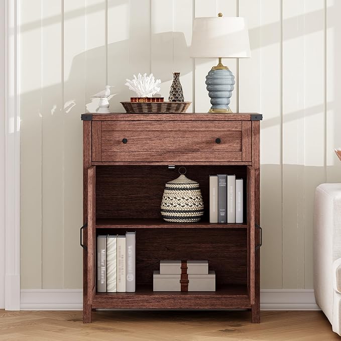 ChooChoo Kitchen Storage Cabinet, Coffee Bar Cabinet, Farmhouse Buffet Sideboard with Drawer for Kitchen, Living Room, Walnut