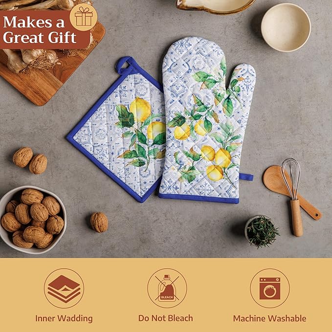 Maison d'Hermine Oven Gloves 100% Cotton Oven Mitt 7" x 13" with Loop Heat Resistant BBQ Cooking Gloves Baking Grilling Gifts for Mothers Day Spring/Summer (Pack of 1, Citrus)