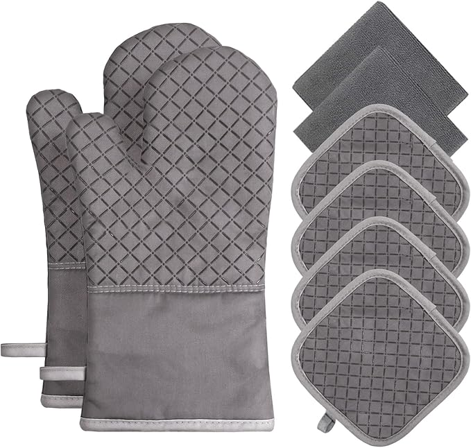 Oven Mitts and Pot Holders 8pcs Set, Cotton Oven Glove with Non-Slip Silicone Surface, Machine Washable Pot Holders, Extra Long Oven mits, Heat Resistant 500 °F, for Cooking, Grilling, Baking