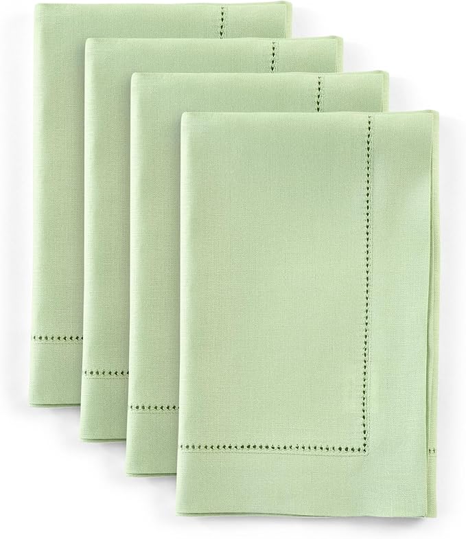 Solino Home Linen Cloth Napkins Set of 4-100% Pure Linen Light Green Dinner Napkins 20 x 20 Inch for Spring, Summer - Classic Hemstitch, Handcrafted and Machine Washable