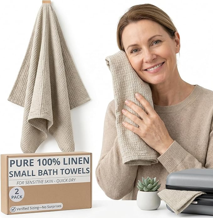 Pure Linen Small Bath Towels - Set of 2 pcs 20x40-inch Quick Dry Towels for Sensitive Skin - Thin Towels for Bathroom - Lightweight Waffle Weave Towel for Kids