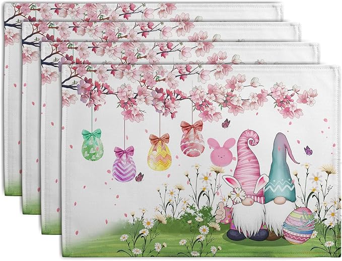 Easter Gnomes Bunny Placemats Set of 4 Easter Eggs Flowers Place Mat 12x18 Inch Seasonal Spring Farmhouse Washable Linen Table Mats for Party Kitchen Dining Outdoor Indoor Decor