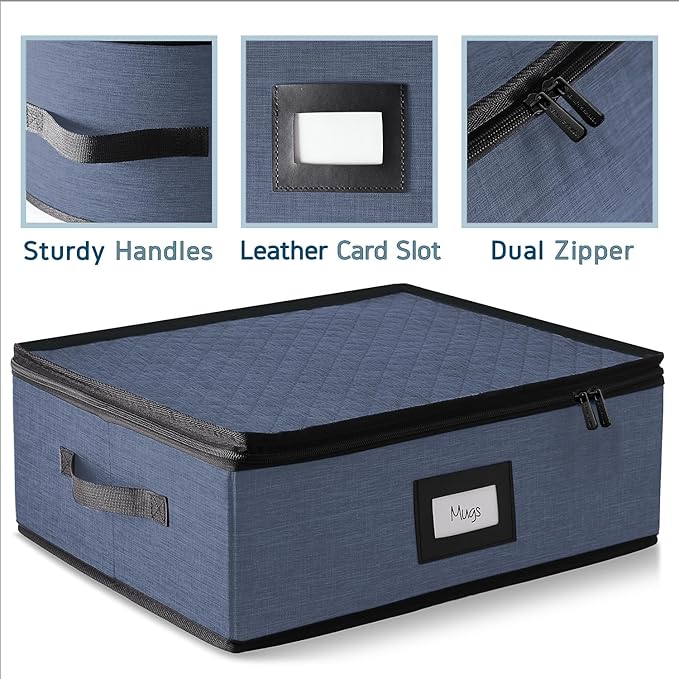 Coffee Mug Storage, 2 Pack Quilted and Stackable Coffee Cup Storage Organizer for Service of 24, Mug Storage Box with Dividers, China Containers Hard Shell for Moving and Organization, Blue