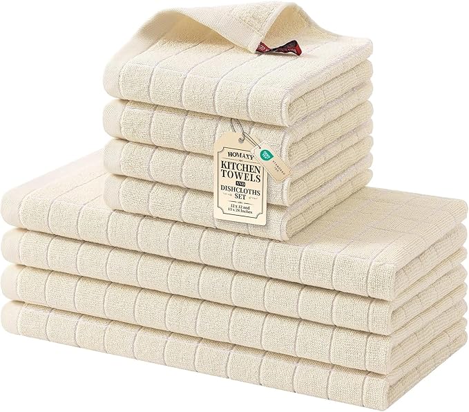 Homaxy Kitchen Towels and Dishcloths Set, 12 x 12 and 13 x 28 Inches, Set of 8 Bulk Cotton Terry Kitchen Towels Set, Checkered Designed, Soft and Super Absorbent Dish Cloths, Beige