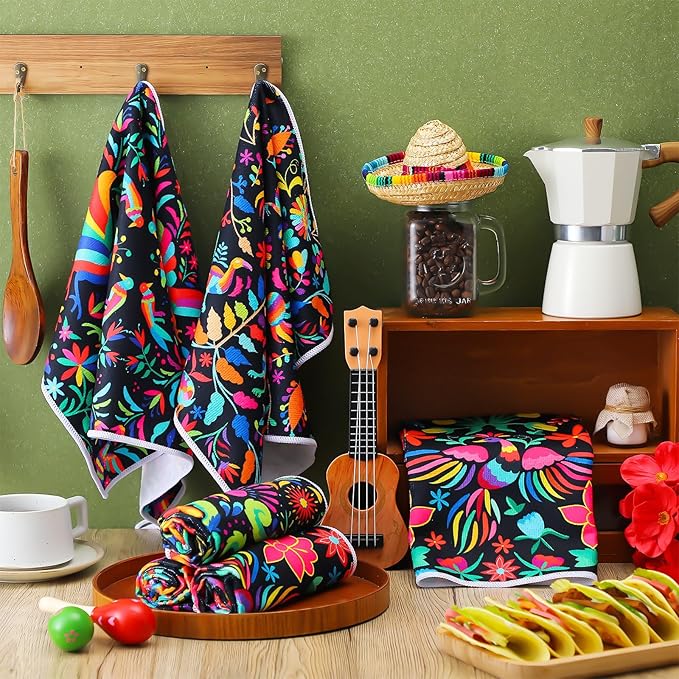 Breling Set of 6 Mexican Kitchen Towels Colorful Flowers Mexican Themed Dish Towel Bathroom Decorative Christmas Hand Cloths Decor for Holiday Kitchen Bathroom Home Cooking, 14 x 21 Inch