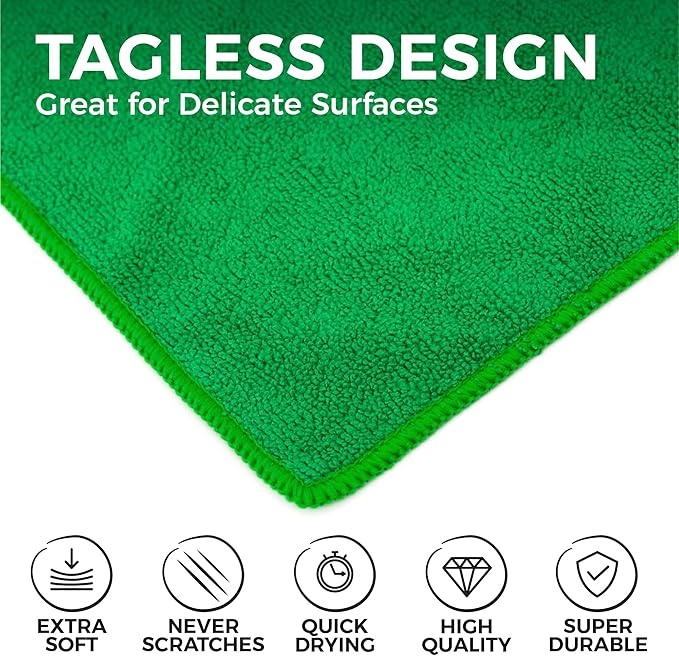 The Rag Company - All-Purpose Microfiber Terry Cleaning Towels - Commercial Grade, Highly Absorbent, Lint-Free, Streak-Free, Kitchens, Bathrooms, Offices, 300gsm, 16in x 16in, Green (12-Pack)
