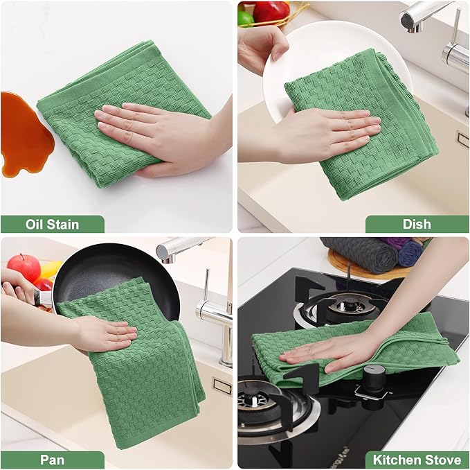 Homaxy 100% Cotton Terry Kitchen Towels(15" x 25", 8 Pack), Soft and Super Absorbent Dish Towels, 380 GSM Reusable Tea Towel with Hanging Loop, Pineapple Grid Designed, Grass Green