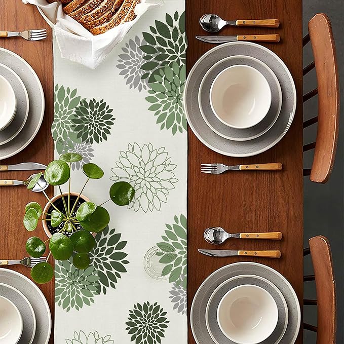 Sage Green Gray Table Runner Dahlia Pinnata Flower Beige Table Runners Modern Elegant Pompon Farmhouse Geometric Table Center Decor for Girls Room Dining Party Patio (13 x 72 Inch)