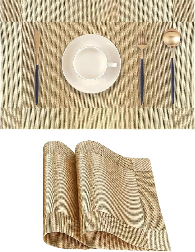 Frame Gold Placemats Set of 2 - Heat Resistant Non-Slip Place mats for Dining Table, Washable Durable PVC Vinyl Woven Table Mats (Frame Gold, 2)
