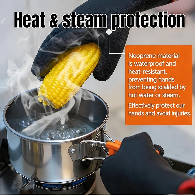 14 Inch BBQ Grill Flame Retardant Heat Insulation Gloves, Neoprene & Cotton Lining, 932°F Heat Resistant Oven Mitts, Non-Burning Anti-Slip Grilling Gloves for Kitchen/BBQ/Camping/High-Temp Work