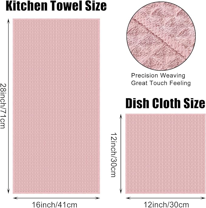 Homaxy Microfiber Waffle Weave Kitchen Towels Set, (16 x 28 & 12 x 12 Inch, Pink) Ultra Absorbent and Solid Color Dish Towels, 8 Pack, Pink