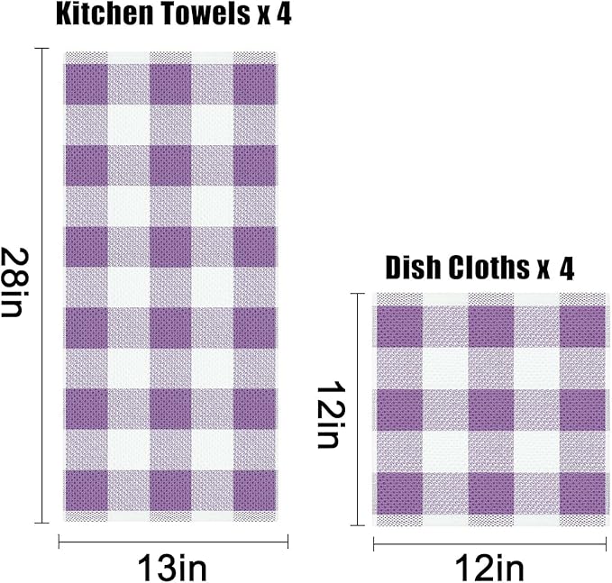 Homaxy Kitchen Towels and Dishcloths Set, 12 x 12 and 13 x 28 Inches, Set of 8 Bulk Cotton Waffle Weave Check Plaid Kitchen Towels, Super Soft and Absorbent Dish Towel, White & Purple