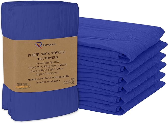 RUVANTI Flour Sack Towels 6 Pack 28x28 Inch, 100% Cotton Tea Towel, Reusable, Machine Washable, Absorbent BarTowels - Dish Cloth Perfect for Drying Dishes & Cleaning - Navy