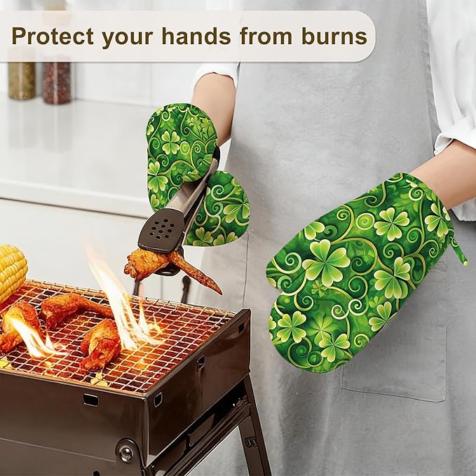 Oven Mitts and Pot Holders St. Patrick Day Silicone Kitchen Accessories Set of 4 Heat Resistant Gloves Green Clover Potholder Non-Slip Grip for Chef Cooking Baking Grilling BBQ